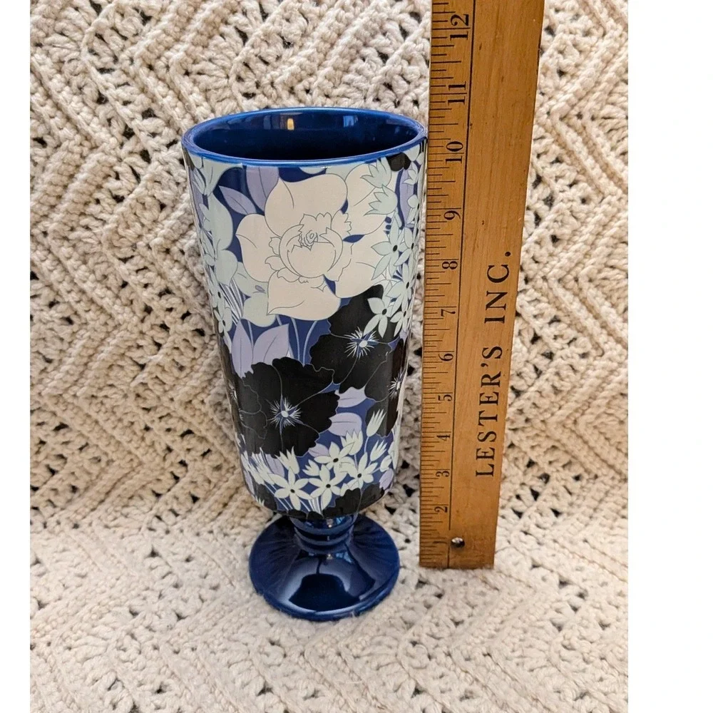 Anthropologie Floral Footed Vase Blue White Ceramic Pedestal 10 Inch